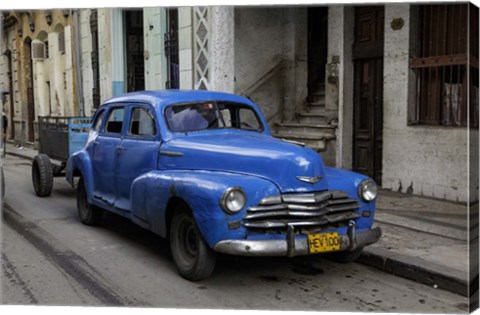 Framed 1950&#39;s era blue car, Havana Cuba Print