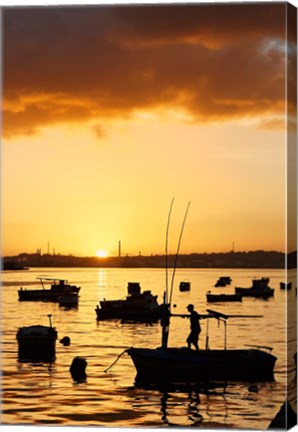 Framed Boats silhouetted at sunrise, Havana Harbor, Cuba Print