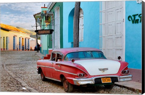 Framed Colorful buildings and 1958 Chevrolet Biscayne, Trinidad, Cuba Print