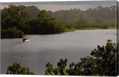 Framed Quichua Indian in Dugout Canoe, Napo River, Amazon Rain Forest, Ecuador Print