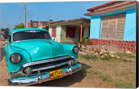 Framed Trinidad, Cuba, blue classic 1950s Chevrolet car Print