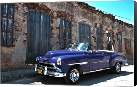 Framed Classic 1953 Chevy against worn stone wall, Cojimar, Havana, Cuba Print