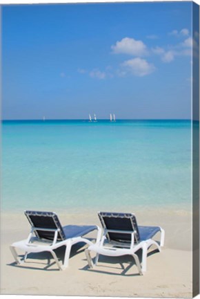 Framed Sand and beach chairs await tourists, Varadero, Cuba Print