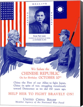 Framed Uncle Sam Shaking Hands with a Chinese Soldier Print
