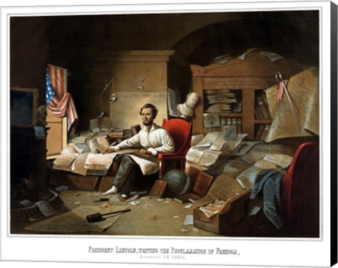 Framed President Lincoln Writing the Emancipation Proclamation Print