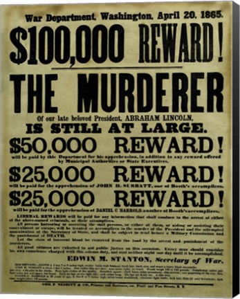 Framed Reward Poster - Murderer of Abraham Lincoln Print