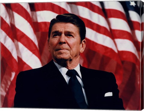 Framed President Ronald Reagan with American Flag Print