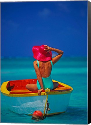 Framed Woman in Boat with Pink Straw Hat, Caribbean Print