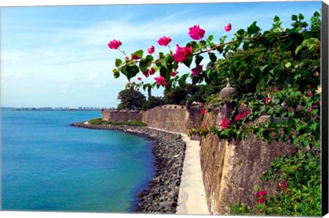 Framed Waterfront Walkway, Fort San Felipe del Morro, San Juan, Puerto Rico, Print