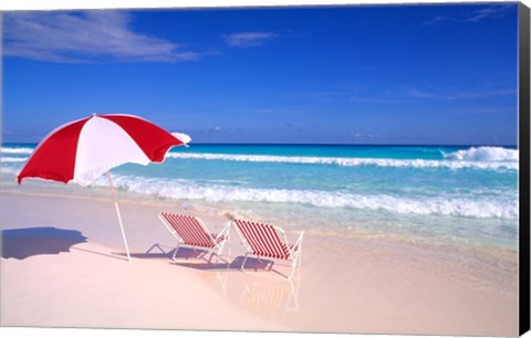 Framed Beach Umbrella and Chairs, Caribbean Print