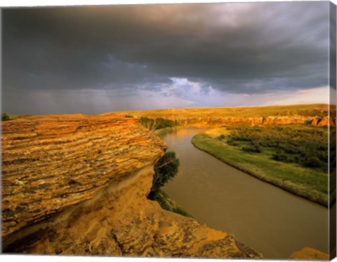 Framed Approaching storm on the Milk River at Writing on Stone Provincial Park, Alberta, Canada Print