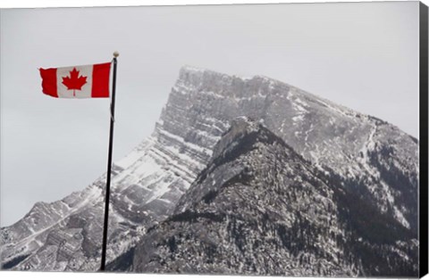 Framed Canada, Alberta, Banff Mountain view with flag Print