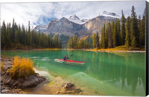 Framed Kayaker on Maligne Lake, Jasper National Park, Alberta, Canada Print