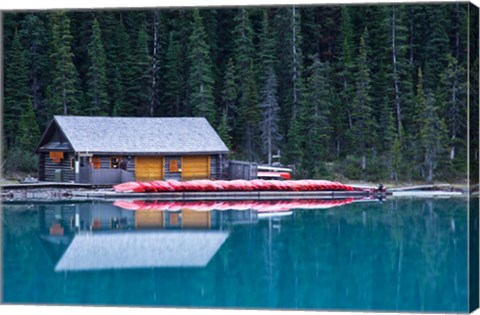 Framed Canoe rental house on Lake Louise, Banff National Park, Alberta, Canada Print