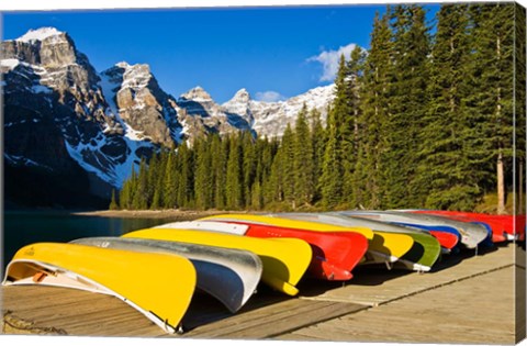 Framed Moraine Lake and rental canoes stacked, Banff National Park, Alberta, Canada Print