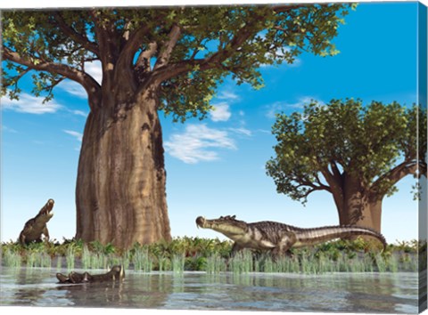 Framed Kaprosuchus crocodyliforms near a baobab tree in a prehistoric landscape Print