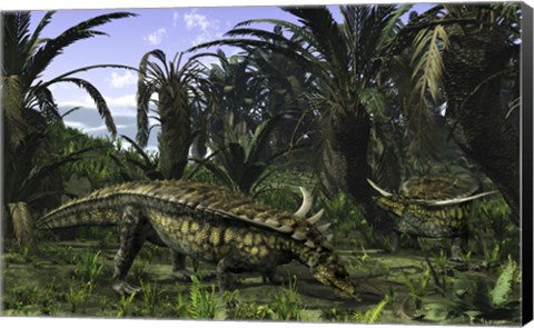 Framed Desmatosuchus search for edible roots in a prehistoric landscape Print