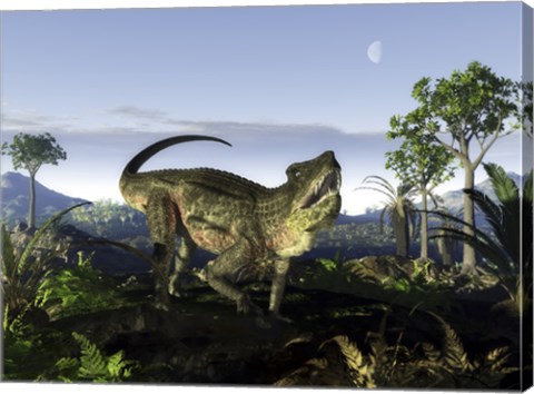 Framed archosaur of the genus Postosuchus wanders in a prehistoric landscape Print