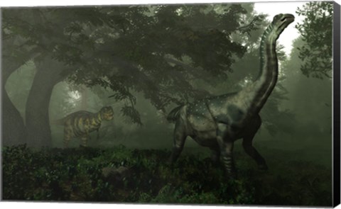 Framed Antarctosaurus stalked by Abelisaurus in a prehistoric landscape Print