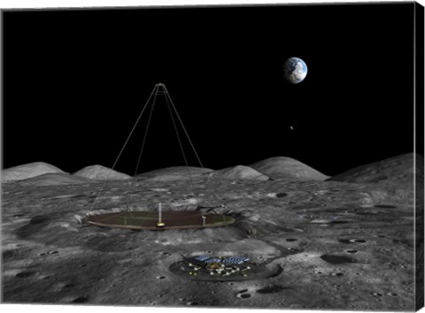 Framed giant liquid mirror telescope lies nestled in a lunar crater Print