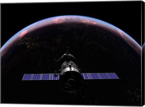 Framed Soyuz TMA-M spacecraft soars over the Atlantic Ocean at sunset Print
