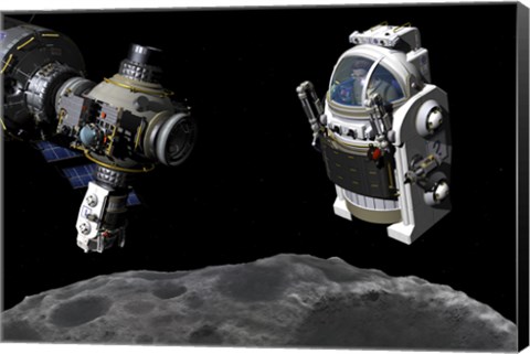 Framed Manned Maneuvering Vehicle prepares to descend to the surface of a small asteroid Print