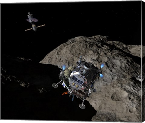 Framed manned Asteroid Lander descends toward the surface of an ancient asteroid Print