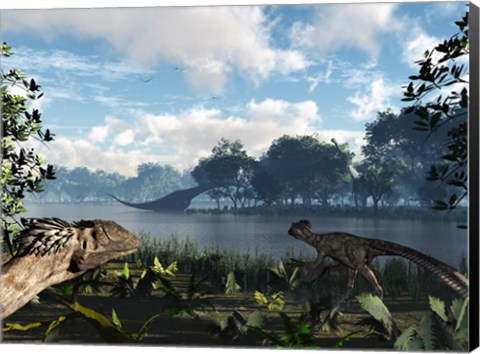 Framed Sauroposeidon graze while feathered Deinonychus look on Print