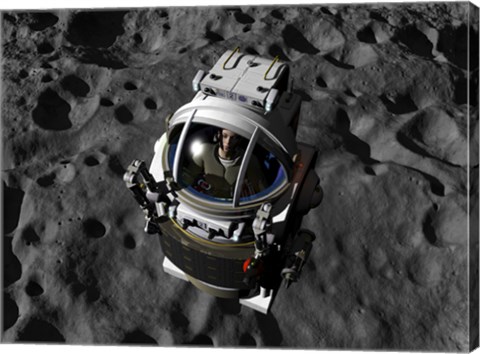 Framed astronaut piloting a Manned Maneuvering Vehicle above the surface of an asteroid Print