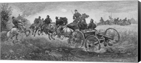 Framed Vintage Civil War print of a team of horses pulling a cannon into battle Print