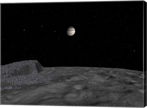 Framed Artist&#39;s Concept of a View Across The Surface of Themisto towards Jupiter and its Moons Print