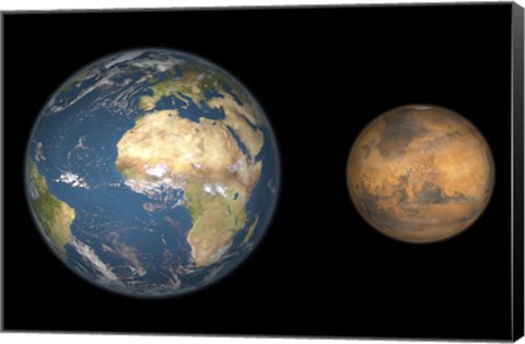 Framed Artist&#39;s Concept Comparing the Size of Mars with that of the Earth Print