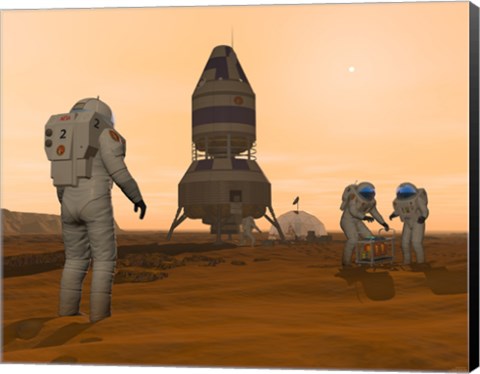 Framed Illustration of Astronauts Setting up a Base on the Martian Surface around their Lander Vehicle Print