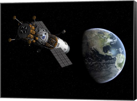 Framed Illustration of a Lunar Tug Propelling itself into Earth Orbit Print