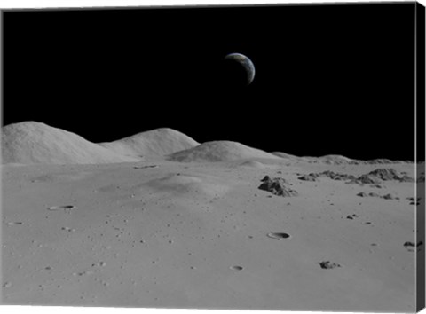 Framed Artist&#39;s Concept of a View Across the Surface of the Moon Towards Earth in the Distance Print