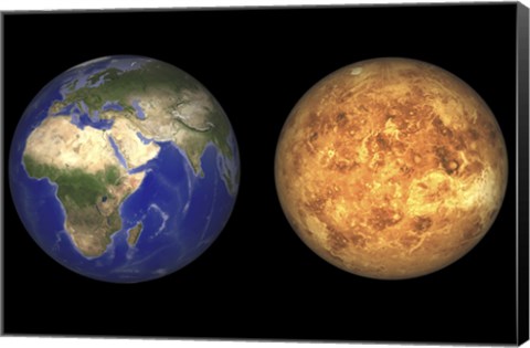 Framed Artist&#39;s concept showing Earth and Venus without their Atmospheres Print