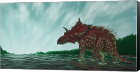 Framed Xenoceratops in the Shallow Waters of a Prehistoric River Print