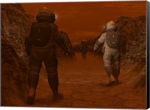 Framed Artist&#39;s concept of Astronauts Exploring a Dry Gully on Saturn&#39;s Moon Titan Print