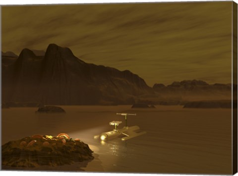 Framed Artist&#39;s concept of a Robotic Probe Exploring a Frigid Ethane Lake on Titan Print