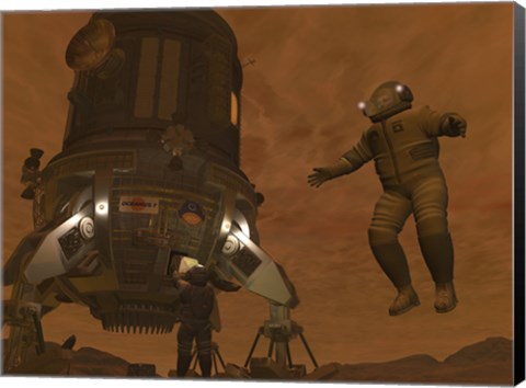 Framed Artist&#39;s concept of Astronauts Exploring the Surface of Saturn&#39;s Moon Titan Print