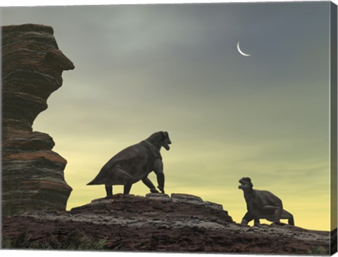 Framed Two Giant Moschops Face off on a Sandstone Mesa 250 Million years ago Print