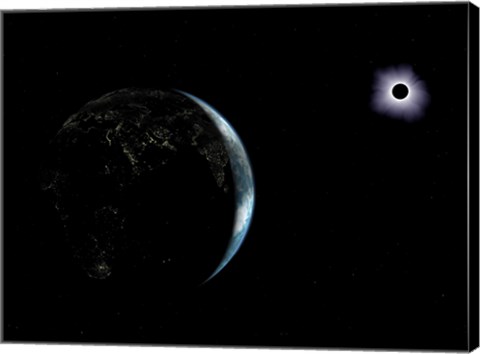 Framed Illustration of the City Lights on a Dark Earth During a Solar Eclipse Print