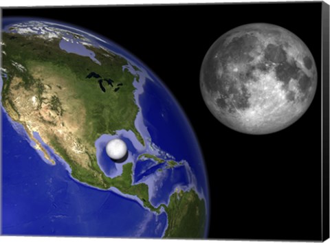 Framed Illustration of Enceladus in front of the Earth and next to Earth&#39;s moon Print