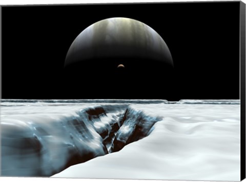 Framed Crescent Jupiter and Volcanic Satellite, Io, Hover over the Horizon of the Icy Moon of Europa Print