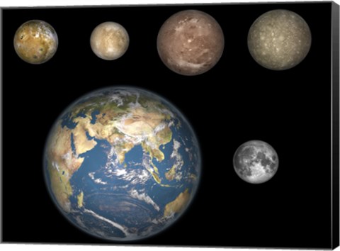 Framed Artist&#39;s Concept of Jupiter&#39;s Four largest Satellites laid out above the Earth and it&#39;s Moon Print