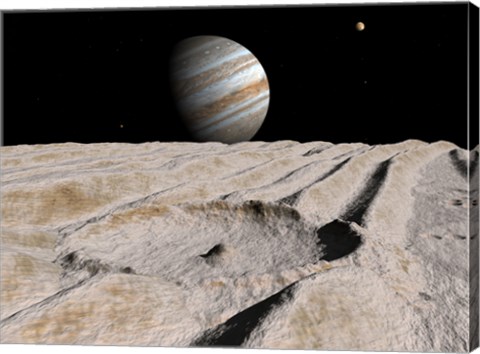 Framed Artist&#39;s Concept of an Impact Crater on Jupiter&#39;s Moon Ganymede, with Jupiter on the Horizon Print