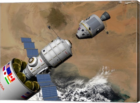 Framed Command Module Prepares to Dock with a Phobos Mission Rocket in Earth Orbit Print