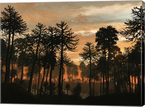 Framed Forest of Cordaites and Araucaria Silhouetted Against a Colorful Sunset Print