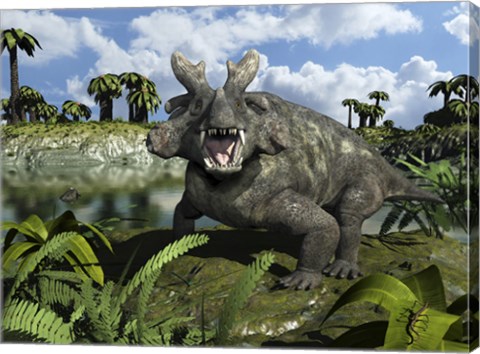 Framed Estemmenosuchus Mirabilis Stands Before a Lake 255 Million years ago Print