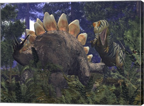 Framed Allosaurus Stumbles upon a Grazing Stegosaurus Print